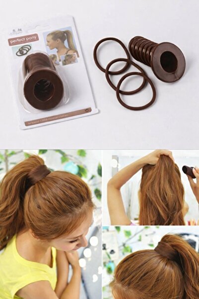 TAKIŞTIR Kahverengi Hacimli At Kuyruğu Yapma Aparatı Ve Lastik Toka Set