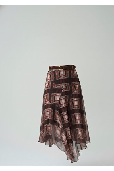 SONGÜLBERİK Coffee Plaid Patterned Asymmetrical Cut Long Women's Skirt