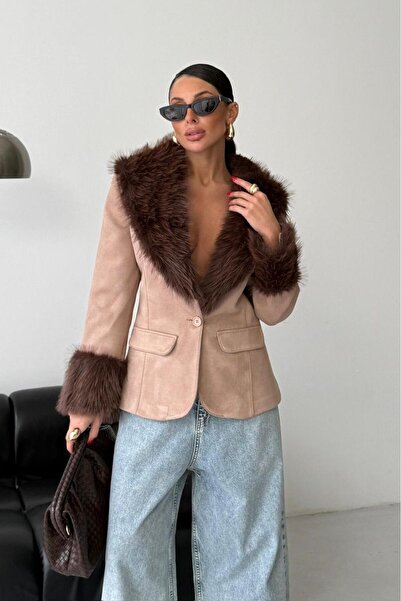 Mine Tan Butik Collar Fur Detail Suede Jacket - Mink