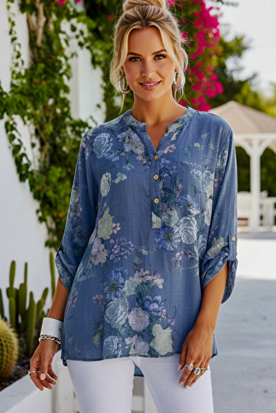 Chiccy Italian Blue Judge Collar Buttoned 3/4 Sleeve Floral Pocket Casual Lin...