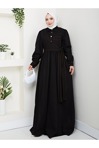 EFSUN MODA KADIN BAĞLAMALI DATAYLI KOT ELBİSE