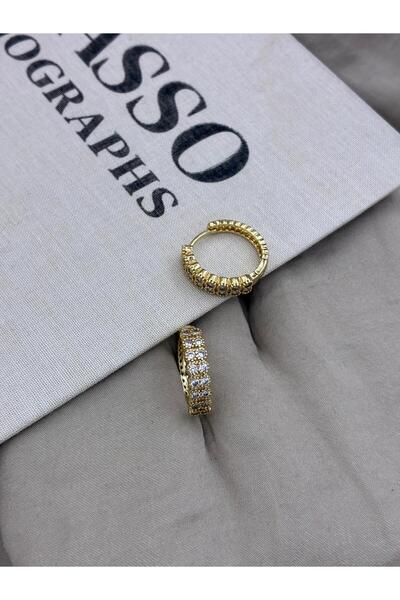 Hedef Bijuteri Gold Color Round Zircon Stone Two Row Hoop Model Earrings Cm124
