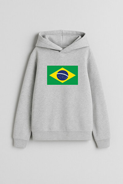 MODA Hanorac cu glugă pentru copii, cu steagul Braziliei, cu imprimeu gri tricou