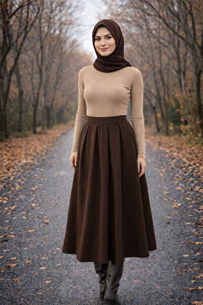 DeChival Winmoda Double Fabric Pleated Hijab Skirt Half Zipper High Waist