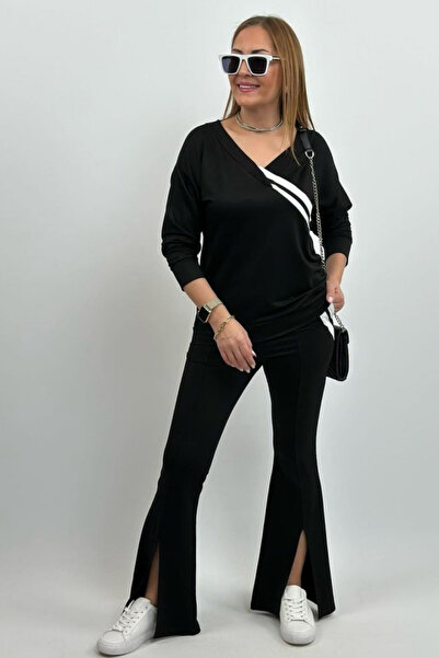 Modayakamoz Yeni Sezon Kadın Uzun Kollu v Yakalı Şerit Detaylı Bluz ve Pantol...