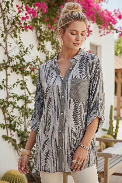 Chiccy Ιταλική μπλούζα από βισκόζη με μοτίβο με παγιέτες, με κουμπιά, μανίκια...