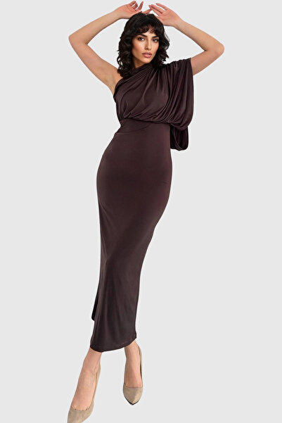 Trend Alaçatı Stili Rochie maxi de damă, maro amar, cu un singur umăr și deta...