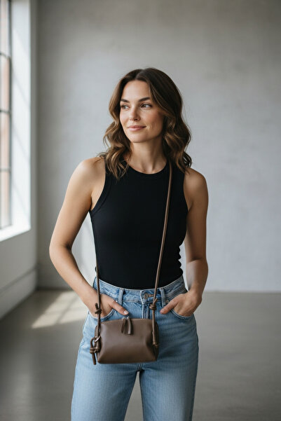 erdeModa Aksesuar haki düğüm detaylı yumuşak suni deri ayarlanabilir askılı m...