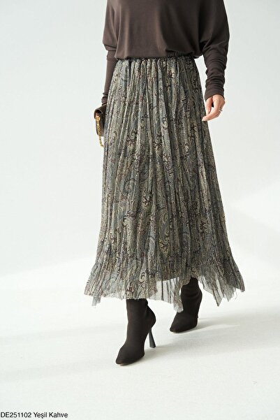 SONGÜLBERİK Women's Chiffon Fabric Paisley Patterned Pleated Long Skirt - Gre...