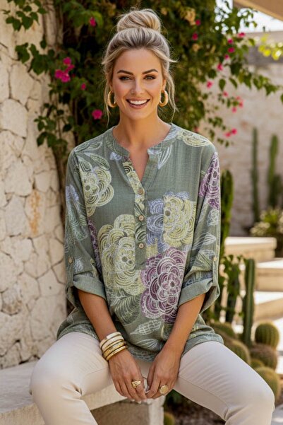 Chiccy Italian Khaki Judge Collar Buttoned 3/4 Sleeve Floral Pocket Casual Li...