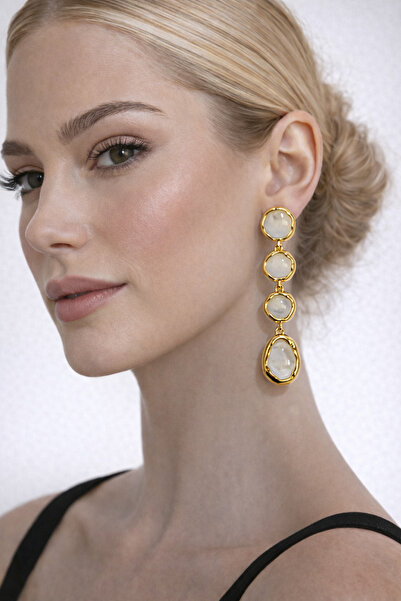 PABALAS Women's Gold Color White Stone Detailed Long Dangle Earrings