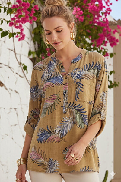 Chiccy Bluză țesută cu aspect de in, cu guler, cu nasturi, cu mâneci 3/4, cu ...