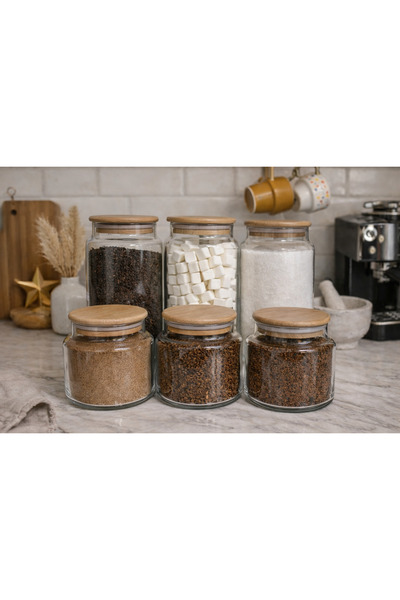 Durina Living Set of 6 Wooden Vacuum Lid Glass Jars |   1300 ml & 650 ml Tea ...