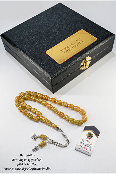 TESBİHSARAYI Altın Parçacıklı Tesbih – Kişiye Özel Kare Kutu – Harfli Çift Pü...