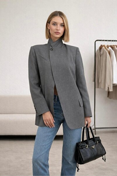 Mine Tan Butik Жіночий піджак з високим коміром і одним ґудзиком - сірий