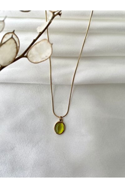 Modesa bijuteri Ay Taşlı Kolye-Yeşil Taşlı Doğal Taş Çelik Kolye- Kutulu Gönd...