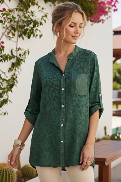 Chiccy Ιταλικό σκούρο πράσινο γιακά δικαστή με μανίκια 3/4 με λεοπάρ στάμπα μ...