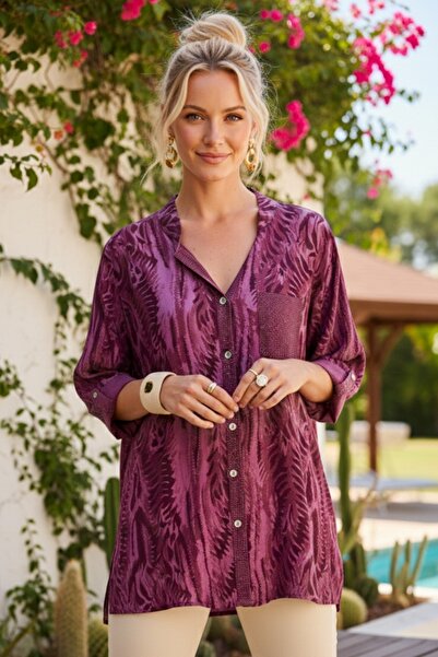 Chiccy Italian Burgundy Judge Collar Buttoned 3/4 Sleeve Patterned Buttoned S...