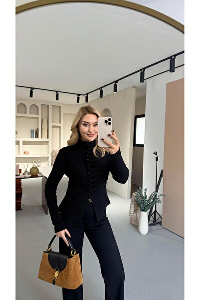 Sezgi Tekin Mock Neck Draped Black Knitwear Cardigan