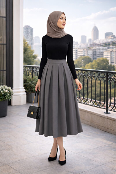 DeChival Winmoda Double Fabric Pleated Hijab Skirt Half Zipper High Waist