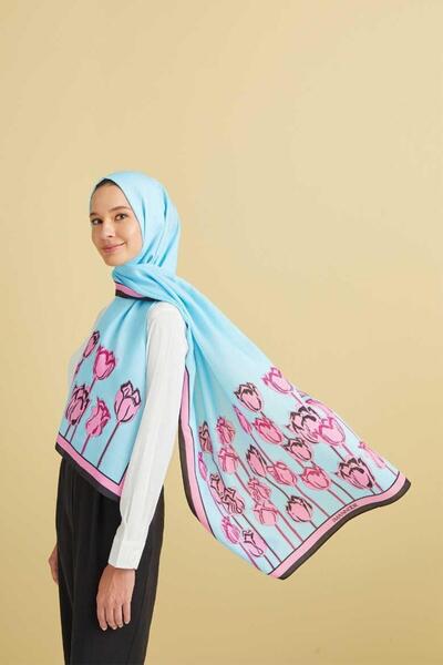 Imannoor Floş Viscose Shawl - Tulips of the Strait - Blue
