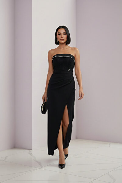Alfudo Black Strapless Slit Evening Dress with Stone Details