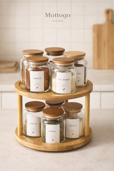 Mottogo 10-Piece Acacia Lid Glass Spice Jar Set – with Rotating Bamboo Stand,...