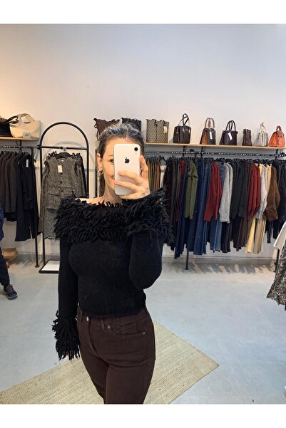 Ecenin Favorileri Madonna collar and tasseled sleeves black women's sweater