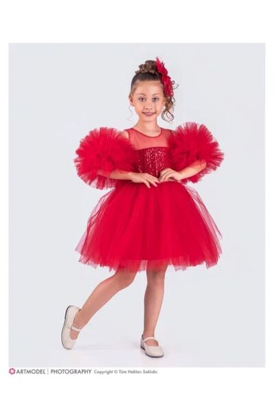 Esterella Chiffon Robe Pompom Sleeve Sequined Girl's Fluffy Skirt Tutu Evenin...