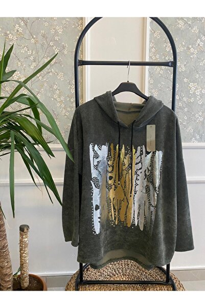 Park Moda Batik Alev Desen Kadife Kapüşonlu - Haki