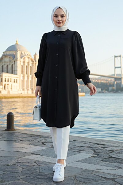 hafsamina Balloon Sleeve Pocket Tunic Black Hm2871