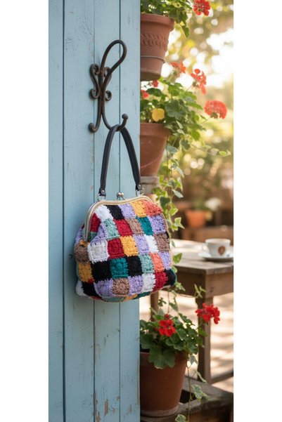 Talinhandmade Handmade Motif Scholarship Handbag |   Liner Coated Vintage Style |   100% Cotton Yarn |   25X22X13 cm