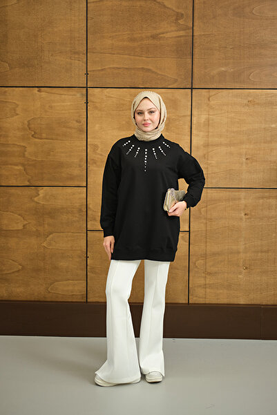 LOCCO Γυναικείο τουνίκ με λεπτομέρεια από πέτρα στο λαιμό, μαύρο