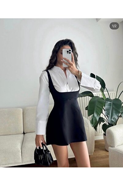 Store Askılı mini kadın Slope elbise gömlek detay