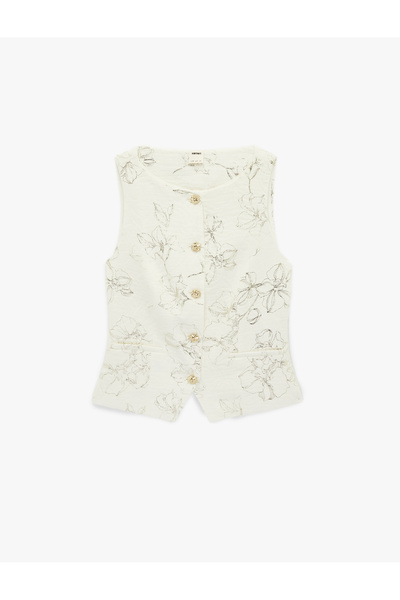 Koton Cotton Jewel Button Detailed Crew Neck Floral Vest
