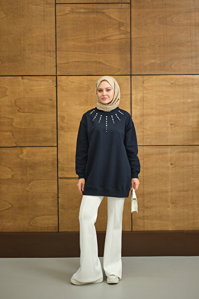 LOCCO Γυναικείο τουνίκ με λεπτομέρεια από πέτρα με γιακά σε μπλε ναυτικό