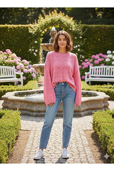 FOMERA TREND Kadın Pembe Ajurlu Oversize Triko Kazak