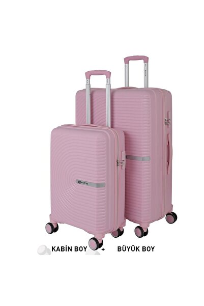 MÇS Bavul Büyük ve Kabin 2li Set Kırılmaz Silikon Valiz V374 Pudra