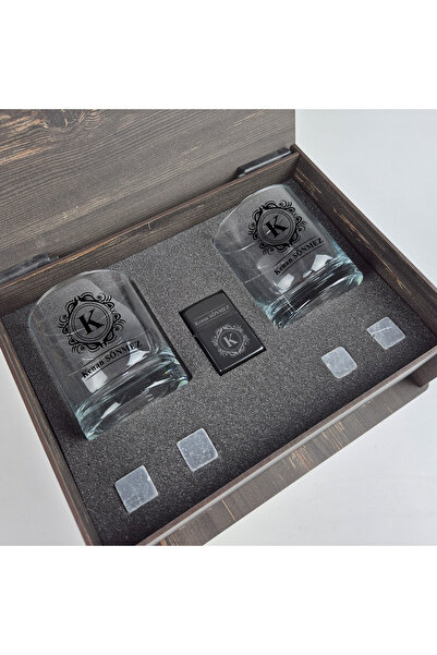 hediyekralı İsime Özel 2'li Viski Bardağı + Çakmak + Viski Taşı - Hediye Seti