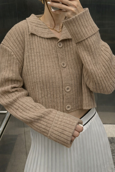 Noi Belis Basic Crop Soft Textured Stand Collar Knitwear Cardigan Aw25Hi0004