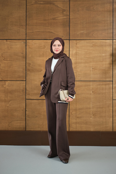 LOCCO Γυναικείο Σετ Μπλέιζερ με Ριμπάνες Καφέ