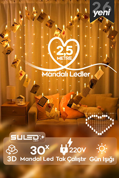 SULED Kalpli Mandallı Led Işıklar 2,5 Metre 30 Led Mandal 220V 3D Dekoratif F...