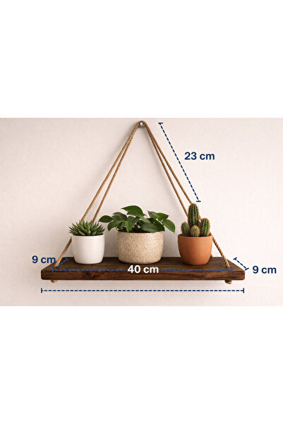 sgeteknoloji El Yapımı Halatlı Duvar Rafı – Kahve Renk Masif Ahşap (40 cm)