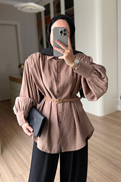Ka Hijab Belted Shoulder Pad Pack Shirts - Camel