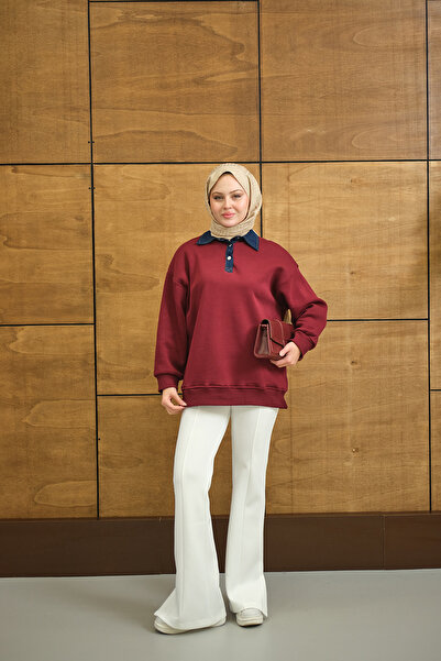 LOCCO Γυναικείο κολάρο τζιν με λεπτομέρεια σε χρώμα μπορντό