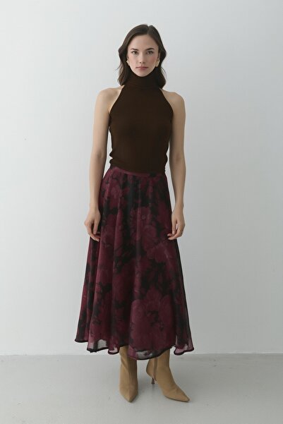 Laluvia Burgundy Floral Patterned Chiffon Skirt - 0612
