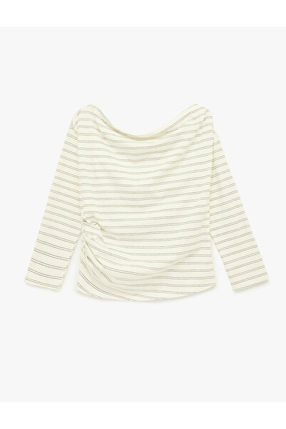 Koton Draped Long Sleeve Asymmetric Collar Striped T-Shirt
