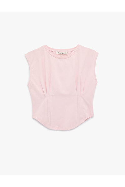 Koton Slim Fit Crew Neck Sleeveless Crop T-Shirt with Stitching Detail