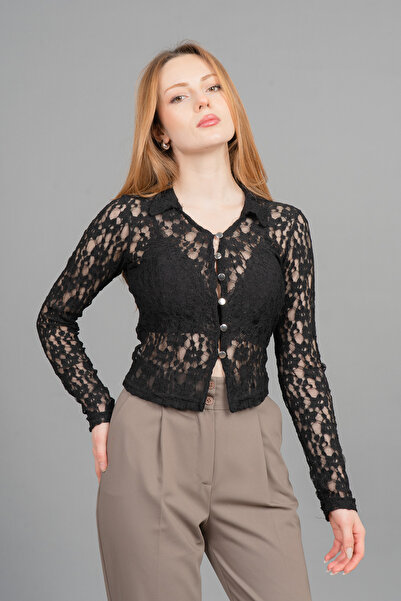 MissVina Shirt Collar Long Sleeve Buttoned Tulle Blouse 70051