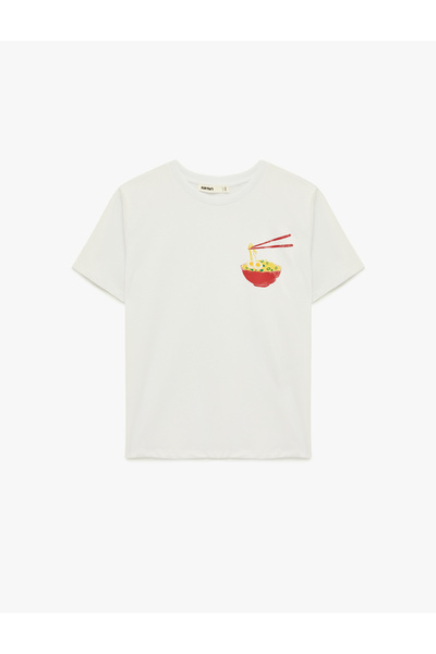 Koton Памучна тениска с къс ръкав и кръгло деколте с щампа на рамен